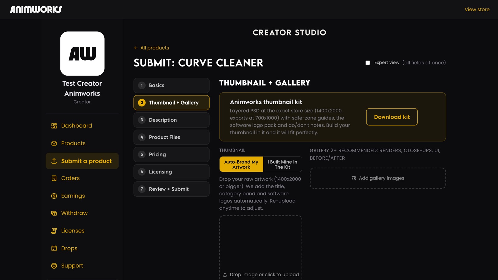 Creator Studio, step 2: thumbnail and gallery