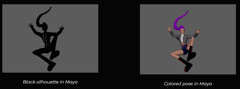 Character pose tested as a pure black silhouette to check readability