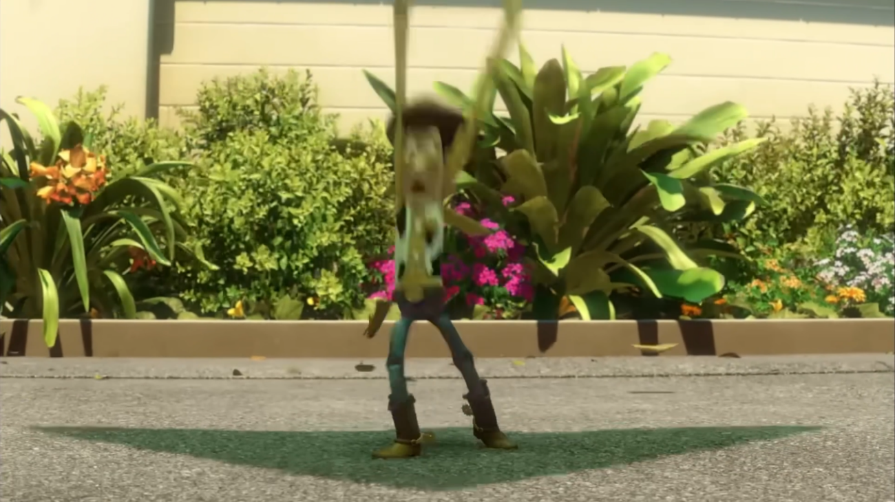 Woody lifting off the ground in Toy Story, the pelvis rising while his feet stay anchored in the same place