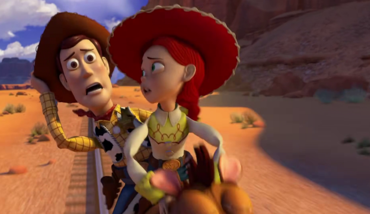Woody and Jessie riding a galloping horse in Toy Story, each silhouette holding its own space so both read at a glance