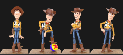 Four poses of the free Woody rig for Maya, showing how a stylised rig reads in silhouette