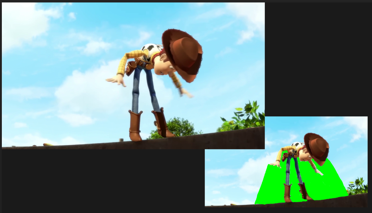 Woody tipping forward at the edge of a drop in Toy Story, with an inset showing the negative spaces filled in green