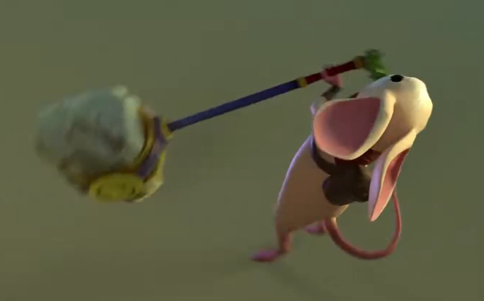 Quill swinging the stone hammer overhead, ears and body pulled back against its weight