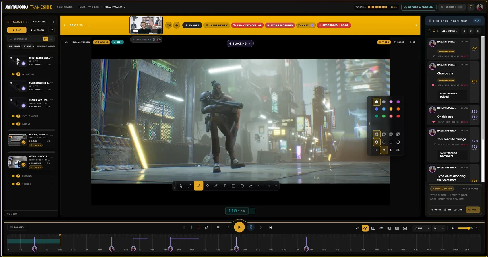 A recorded review call in FrameSide: the shot full frame with the camera in the top corner and the recording timer running