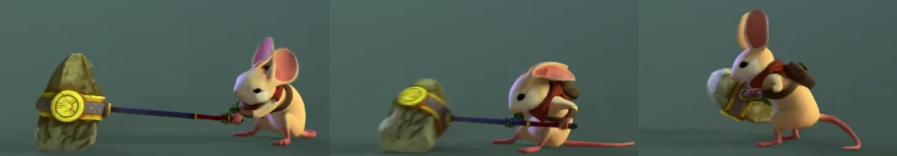 Three poses of Quill dragging and lifting the stone hammer, stance wide and torso leaning against its weight