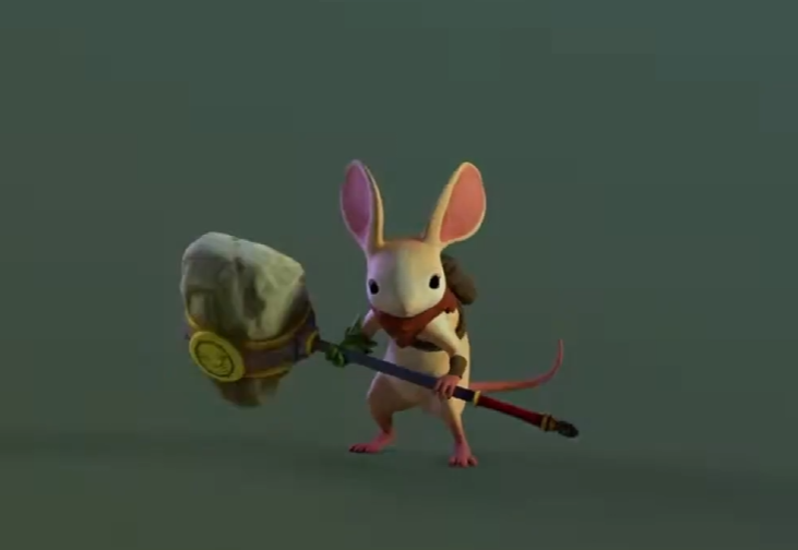 Quill the mouse from Moss: Book II standing with a stone hammer twice her size, both hands on the shaft