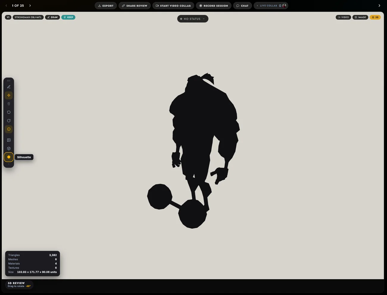 The same 3D model in FrameSide shown as a flat black silhouette on a light ground