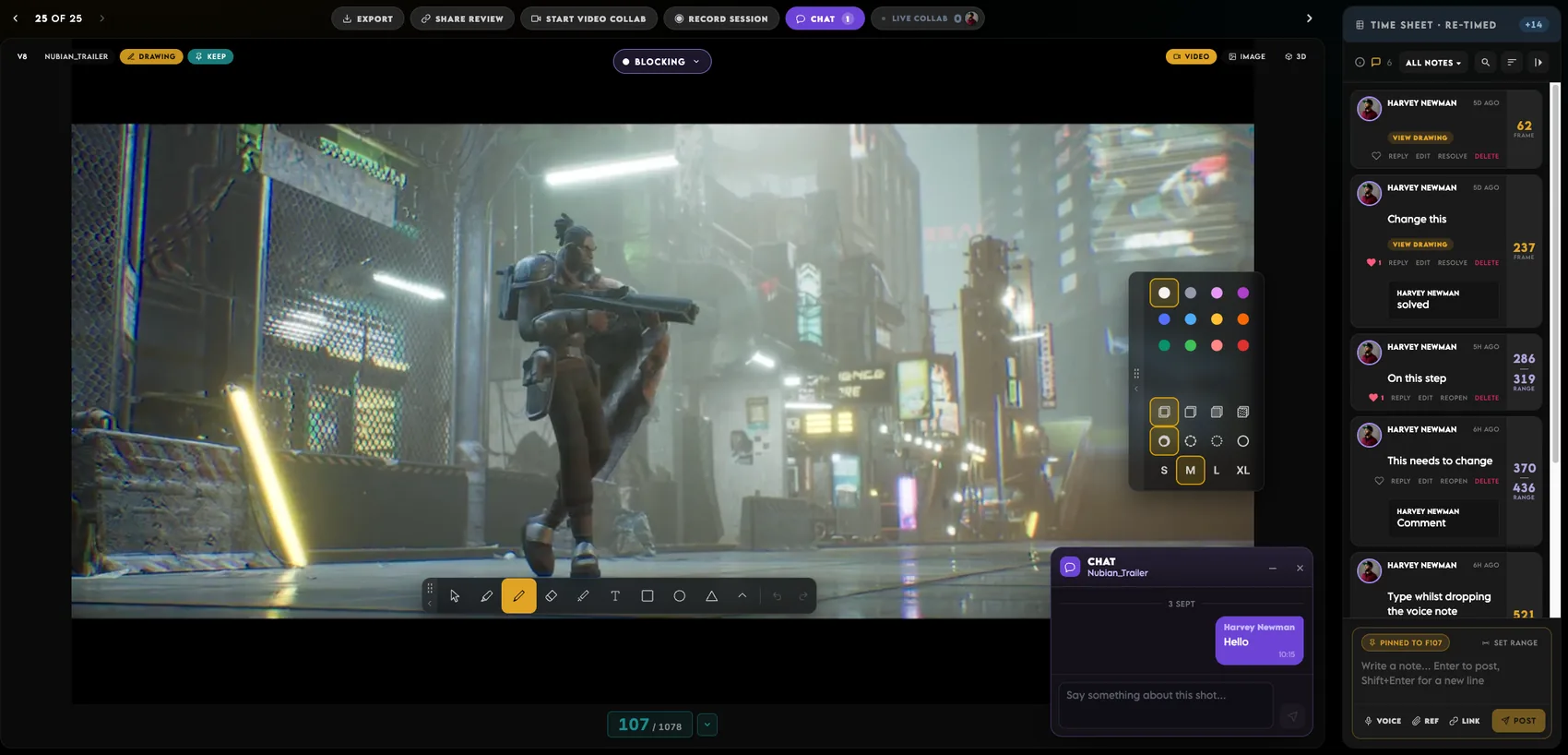 The FrameSide chat window open over a shot, beside the notes rail