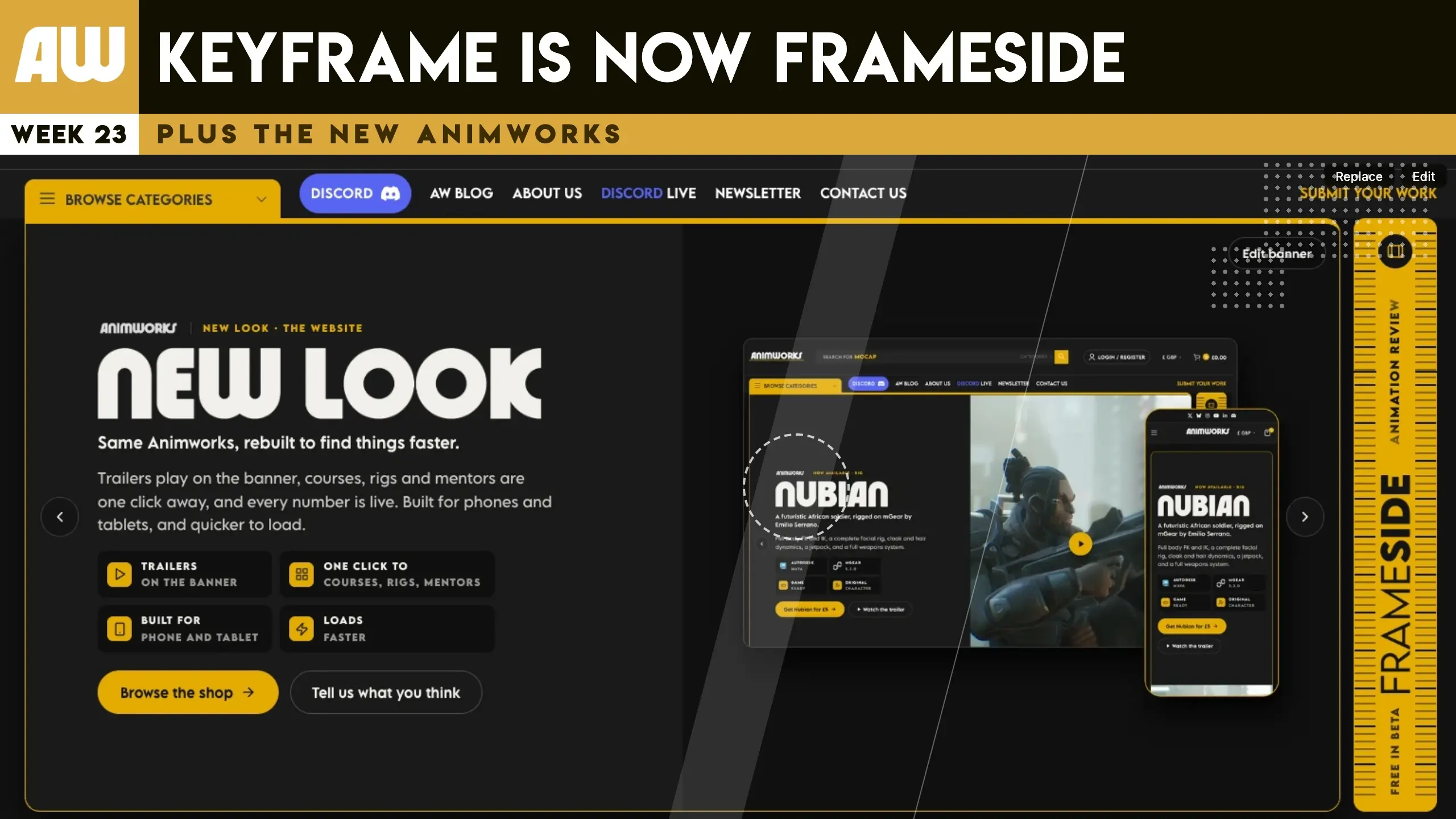 Keyframe is now FrameSide: the new Animworks homepage shown on desktop and phone, with the FrameSide animation review beta badge
